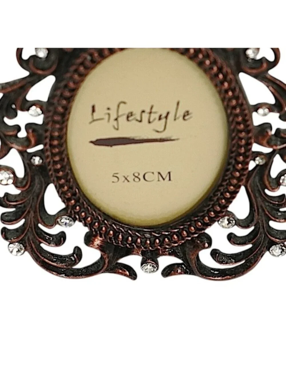 LIFESTYLE Small Oval Picture Frame Brown Metal Ornate Clear Crystals 2x3 Photo
